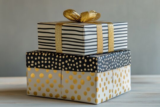Stacked gift boxes with gold ribbon.  Stacked present boxes, decorated with black and white striped and gold polka dot patterns, tied with a gold ribbon