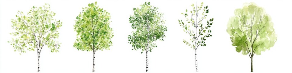 Obraz premium Watercolor birch trees, various sizes, isolated on white