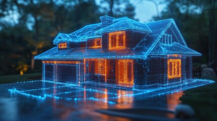 Nighttime digital house plan, forest setting, architectural visualization, home design