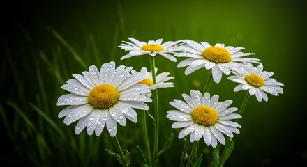 Fototapeta premium Five Daisies Dew Drops Soft Light Green Background. AI Generated