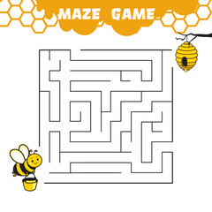 the little bee is looking for the way to the beehive, maze game for pre-school children, vector cartoon