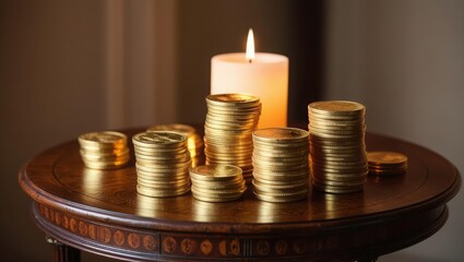 Soft candlelight illuminating stacks of gold coins resting on an antique wooden table creating charm