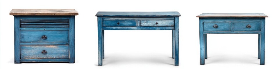 Blue painted wood furniture, console tables, isolated on white background