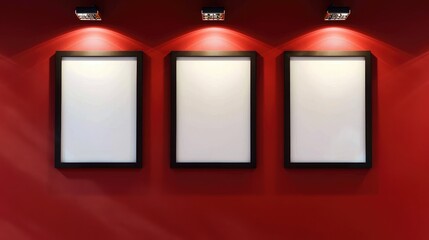A trio of empty frames mounted on a red wall, perfectly lit by three spotlights