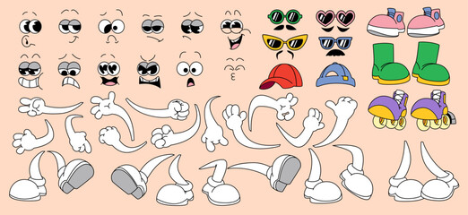 Retro mascot face body parts set isolated on background. Vector cartoon illustration of eyes and mouths with different emotions, hands and legs, sunglasses, hats, shoes for groovy character design © klyaksun