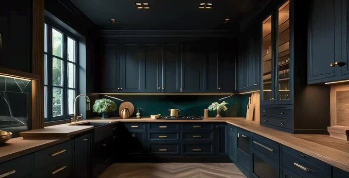 A luxurious dark kitchen featuring matte black cabinetry, deep emerald or navy accents, and dramatic moody lighting