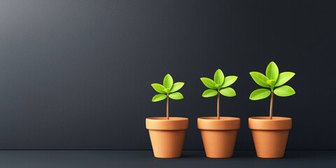 Fototapeta premium Three small potted plants with vibrant green leaves on a minimalist black background, showcasing a modern aesthetic, Corporate Social Responsibility, CSR.