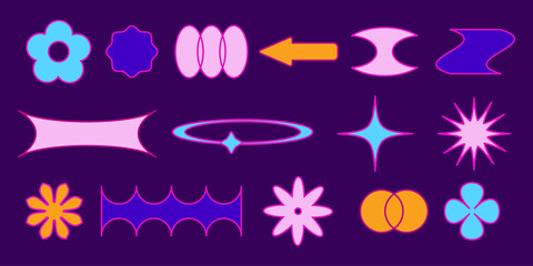 Abstract y2k frame shapes set isolated on purple background. Vector illustration of color arrow, star, flower, oval elements, groovy signs for retro poster design, trendy techno banner decoration