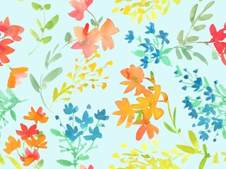 A seamless pattern of abstract spring and summer wildflowers painted in watercolor. Hand-drawn floral textile design.