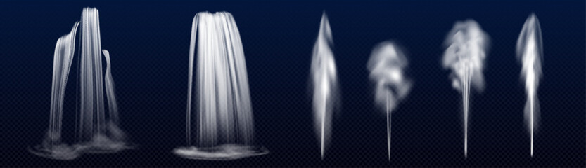 3d realistic waterfall cascade set on dark background. Falling water streams, splashes and jets. Transparent liquid elements collection for graphic design. White shiny fluid fountains isolated.