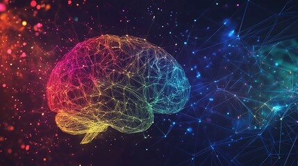 Human brain digital illustration. Electrical activity, flashes and lightning on a blue background.