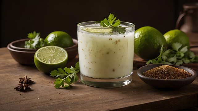 Refreshing Glass of Chaas &ndash; Traditional Indian Buttermilk Drink Served Chilled in a Frosted Glass, Perfect for Cooling Down and Complementing Indian Cuisine
