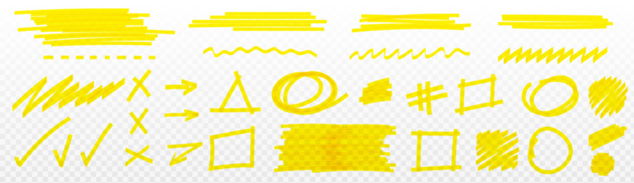 Yellow highlight marker lines set isolated on transparent background. Vector realistic illustration of color felt pen marks, doodle wave, check, zigzag strokes, scribbles for school banner design