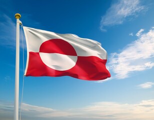 greenland flag waving with blue sky background taken from below 2