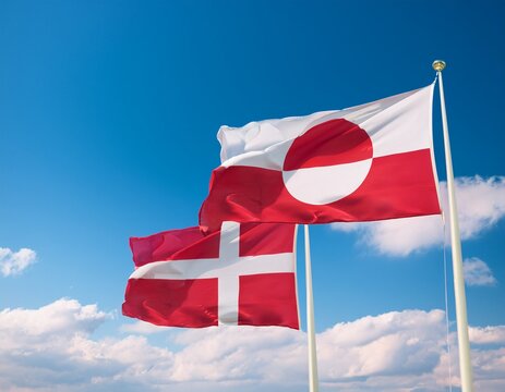 greenland and denmark flag waving in the same direction with blue sky background - Powered by Adobe