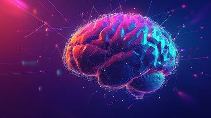 Human brain digital illustration. Electrical activity, flashes and lightning on a blue background.