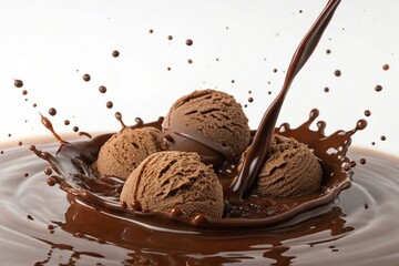 Delicious chocolate ice cream scoops falling into rich melted chocolate, creating a dynamic splash. Perfect for dessert marketing, food advertisements, and indulgent visuals.