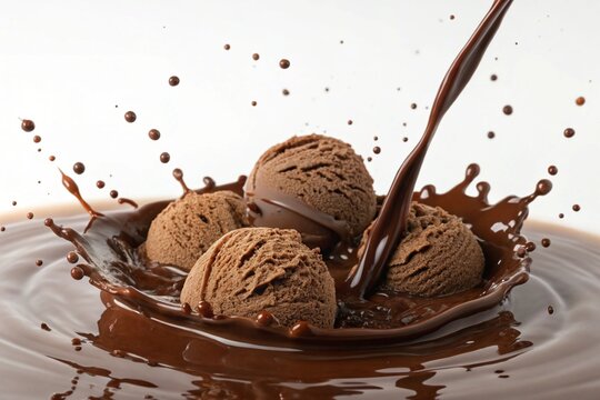 Delicious chocolate ice cream scoops falling into rich melted chocolate, creating a dynamic splash. Perfect for dessert marketing, food advertisements, and indulgent visuals.