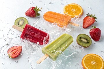 Bright and colorful fruit popsicles dropping into water with splashes and fresh fruit slices. A dynamic and refreshing summer-themed visual