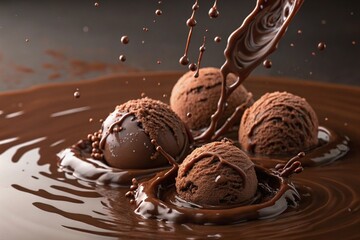 Delicious chocolate ice cream scoops falling into rich melted chocolate, creating a dynamic splash. Perfect for dessert marketing, food advertisements, and indulgent visuals.