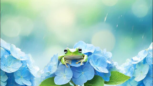 梅雨の雨が降り注ぐ水色の紫陽花とカエルの3Dアニメーション
