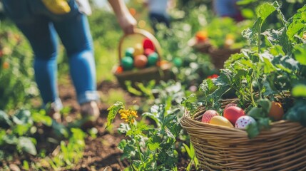 Fototapeta premium Colorful Easter Egg Hunt in Garden with Vibrant Baskets of Eggs