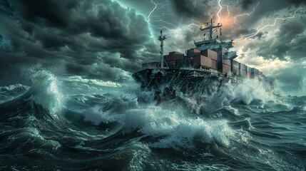 A cargo ship battles fierce waves and lightning in a dramatic storm, showcasing the power of nature.