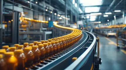 Bottled drinks on factory conveyor belt
