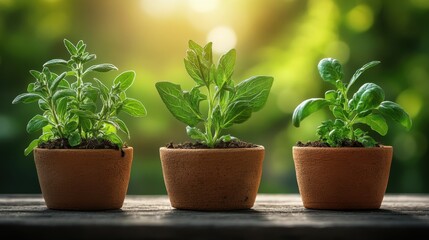 Fototapeta premium Three pots with plants growing in a balcony garden featuring herbs and flowers in daylight