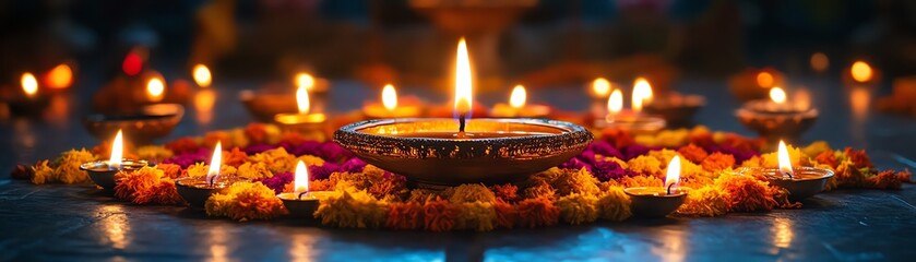 A festive Diwali scene with candles, rangoli, and sweets