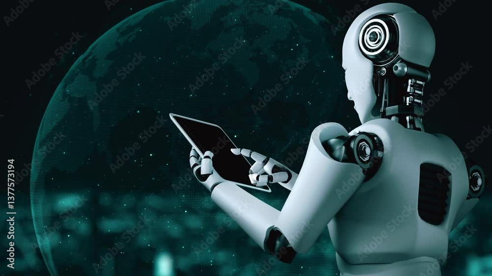 Poster robot hominoid using tablet computer for big data analytic using ai thinking brain , artificial inte