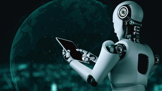 Robot hominoid using tablet computer for big data analytic using AI thinking brain , artificial intelligence and machine learning process for the 4th fourth industrial revolution . 3D rendering.