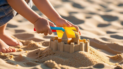 plastic toy on sand castle at beach on summer
