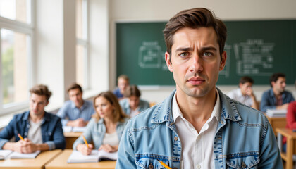 Concerned student focusing in classroom with peers seated  