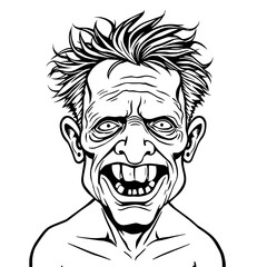 Grotesque Cartoon Man, Black and White Line Art,  Wild Hair, Grimace