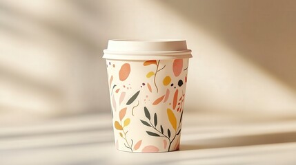 A paper coffee cup with spring-themed design