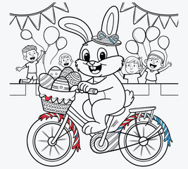 Easter bunny riding a bicycle decorated with 4th of July streamers, basket full of eggs with red, white, and blue themes, kids cheering in the background, festive and fun coloring page