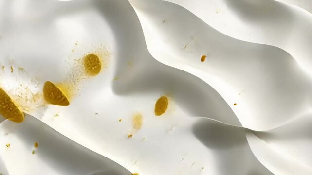 Golden citrus zest scattered on white fabric, sunlight