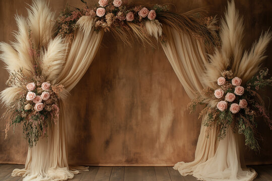 Maternity backdrop, wedding backdrop, photography boho background with delicate flowers and vintage wall.
