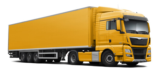 A modern European truck with a cab and semi-trailer in full yellow. Front side view isolated on white background.