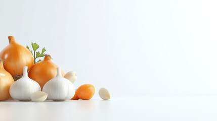 Cooking essentials fresh onions and garlic culinary preparation clean kitchen minimalist design close-up flavor enhancement