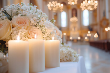 Obraz premium Close up on candles in a beautiful church.