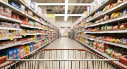 Fototapeta premium Grocery store aisle view from shopping cart bright lighting. AI Generated