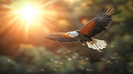Fototapeta premium Majestic eagle soaring above a lush forest at sunset wildlife photography nature's splendor aerial perspective