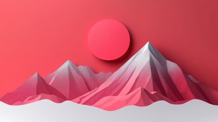 Mountain silhouette with red sun backdrop and creative paper landscape illustrations for copy space