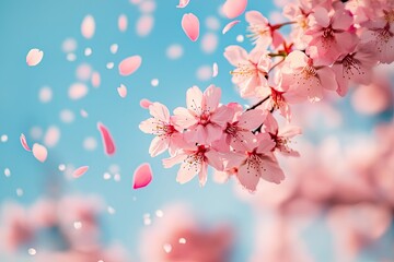 Delicate pink cherry blossoms gently falling