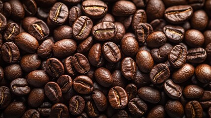 Fototapeta premium Close-up of a pile of coffee beans with detailed coffee bean texture on a neutral background