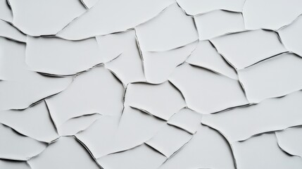 Broken pieces of paper and ceramic scattered on a white wall surface creating a textured backdrop