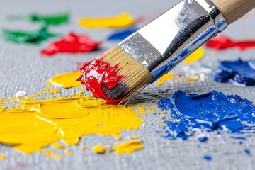 Obraz premium Close up of Paintbrush on Textured Canvas with Red, Yellow, and Blue Paint