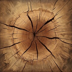Close-up of a tree trunk's cross-section, showing intricate cracks and wood grain.  Detailed view of the annual rings and textures of a felled tree
